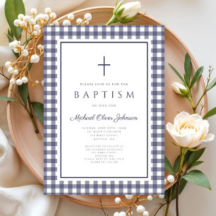 Elegant Navy Blue Gingham Boy Baptism Invitation