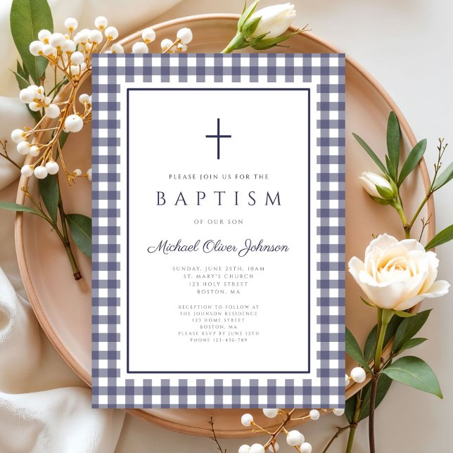 Elegant Navy Blue Gingham Boy Baptism Invitation (Elegant Navy Blue Gingham Boy Baptism Invitation)