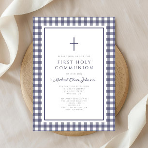 Elegant Navy Blue Gingham Boy First Communion Invitation