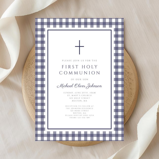 Elegant Navy Blue Gingham Boy First Communion Invitation (Elegant Navy Blue Gingham Boy First Communion Invitation)
