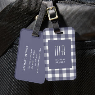 Elegant Navy Blue Gingham Monogram Luggage Tag