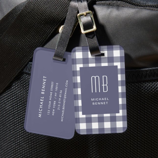 Elegant Navy Blue Gingham Monogram Luggage Tag (Elegant Navy Blue Gingham Monogram Luggage Tag)