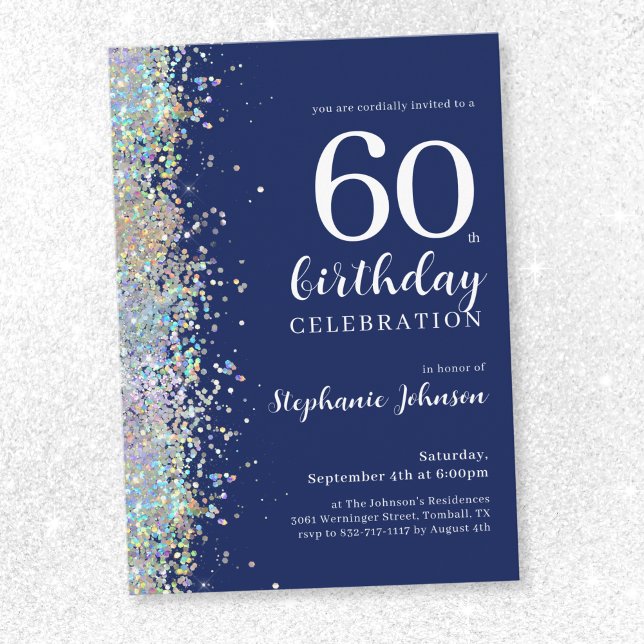 Elegant Navy Blue Glitter 60th Birthday Invitation (Elegant Navy Blue Glitter 60th Birthday Invitation)