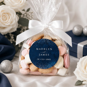 Elegant Navy Blue Glitter Wedding Classic Round Sticker