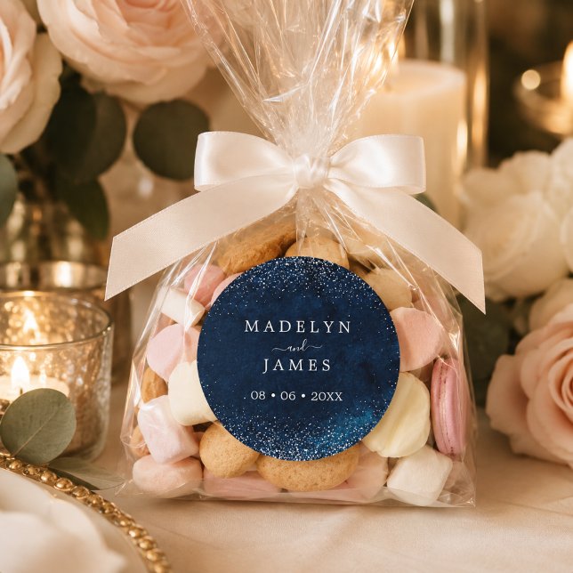 Elegant Navy Blue Glitter Wedding Classic Round Sticker (Creator Uploaded)
