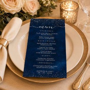 Elegant Navy Blue Glitter Wedding Menu