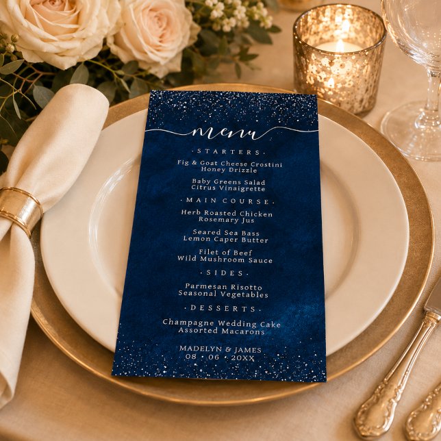 Elegant Navy Blue Glitter Wedding Menu (Creator Uploaded)