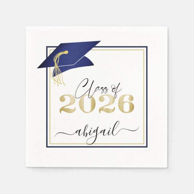 Elegant Navy Blue Gold 2026 Graduation Cap Script Napkin (Front)