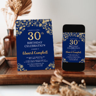 Elegant Navy Blue & Gold 30th Birthday Invitation