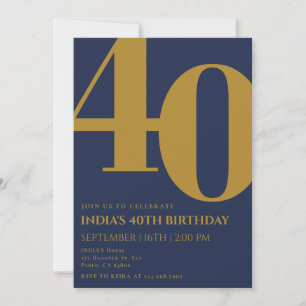 Elegant Navy Blue & Gold 40th Birthday  Invitation
