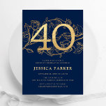 Elegant Navy Blue Gold 40th Birthday Invitation<br><div class="desc">Elegant navy blue gold 40th birthday party invitation. Customisable modern feminine design featuring roses botanical accents and faux glitter gold. Simple floral invite card perfect for a stylish female bday celebration. Personalise with your own details. Printed Zazzle invitations or instant download digital printable template.</div>