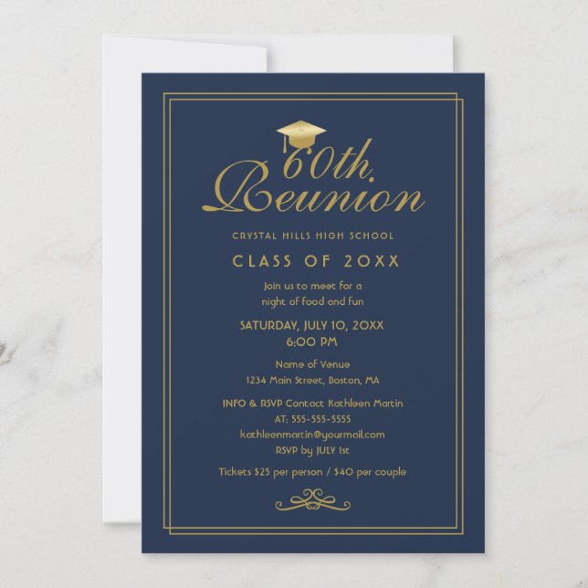 Elegant Navy Blue Gold 60th Class Reunion Invitation (Front)