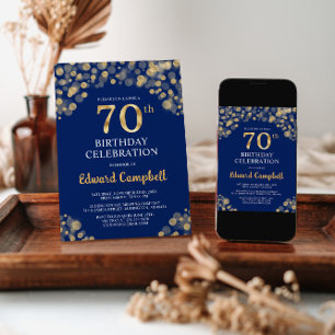 Elegant Navy Blue & Gold 70th Birthday Invitation