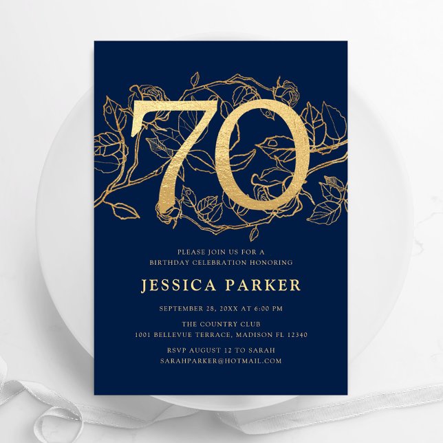 Elegant Navy Blue Gold 70th Birthday Invitation (Creator Uploaded)