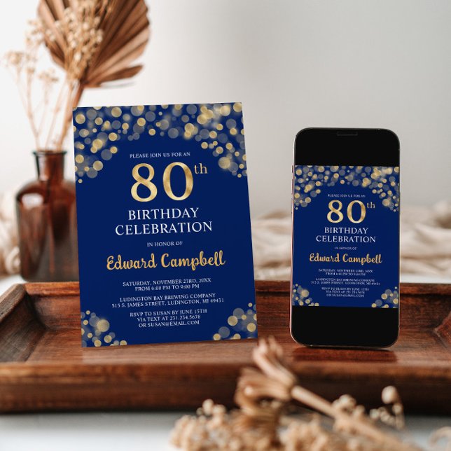 Elegant Navy Blue & Gold 80th Birthday Invitation (Creator Uploaded)
