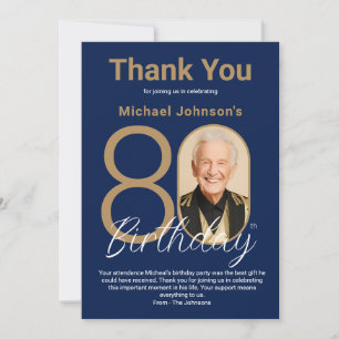 Elegant Navy Blue Gold 80th Birthday  Thank You Card