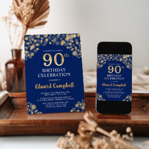 Elegant Navy Blue & Gold 90th Birthday Invitation