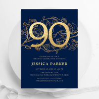Elegant Navy Blue Gold 90th Birthday
