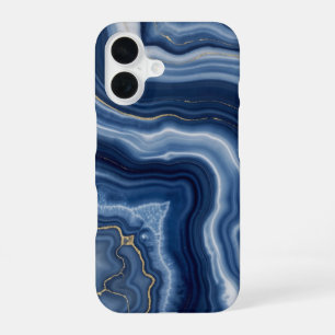 Elegant Navy Blue Gold Abstract Liquid Marble  iPhone 16 Case
