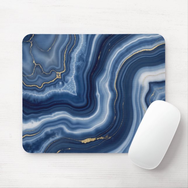 Elegant Navy Blue Gold Abstract Liquid Marble  Mouse Mat (With Mouse)
