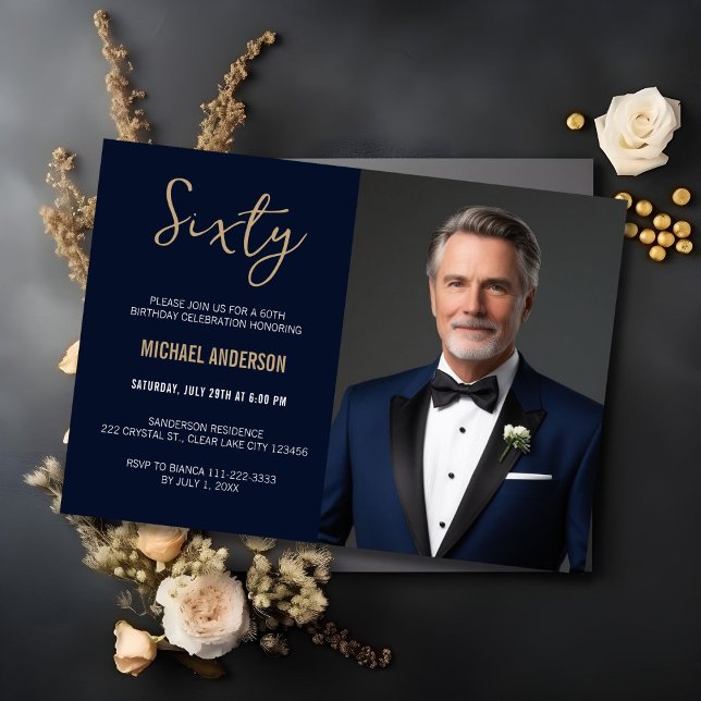 Elegant Navy Blue Gold Agate 60th Birthday Photo  Invitation (Creator Uploaded)