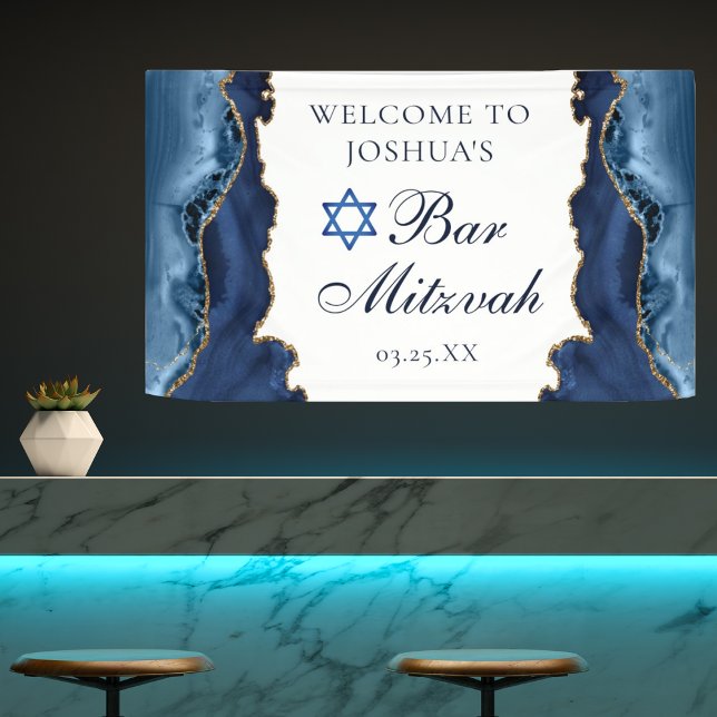 Elegant Navy Blue Gold Agate Bar Mitzvah Party Banner (Creator Uploaded)