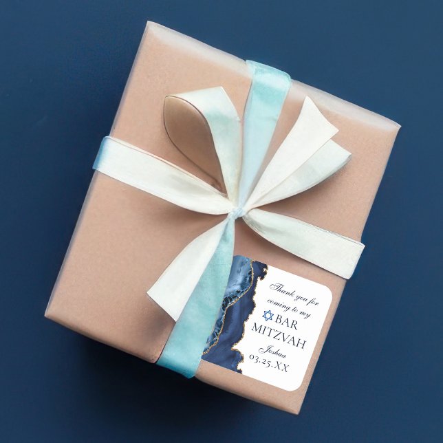 Elegant Navy Blue Gold Agate Bar Mitzvah Party Square Sticker (Creator Uploaded)