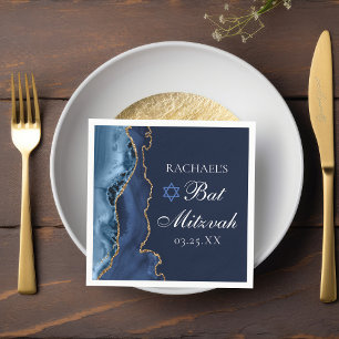Elegant Navy Blue Gold Agate Bat Mitzvah Party Napkin