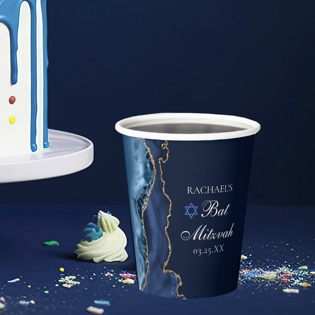 Elegant Navy Blue Gold Agate Bat Mitzvah Party Paper Cups (Creator Uploaded)