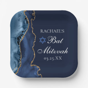 Elegant Navy Blue Gold Agate Bat Mitzvah Party Paper Plate