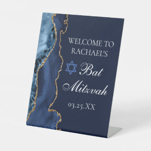 Elegant Navy Blue Gold Agate Bat Mitzvah Party Pedestal Sign