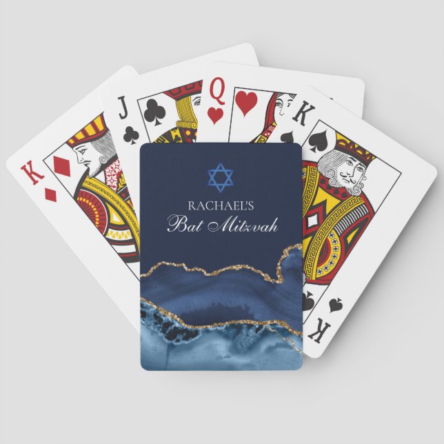 Elegant Navy Blue Gold Agate Bat Mitzvah Party Playing Cards (Back)
