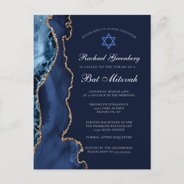 Elegant Navy Blue Gold Agate Bat Mitzvah Party Postcard (Front)