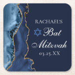 Elegant Navy Blue Gold Agate Bat Mitzvah Party Square Paper Coaster<br><div class="desc">Elegant navy blue and gold agate decorates the side of this modern Bat Mitzvah party coaster. Your daughter's name is written in beautiful formal script under the Star of David. Perfect for a chic,  stylish Jewish family celebrating a girl being called to the Torah.</div>
