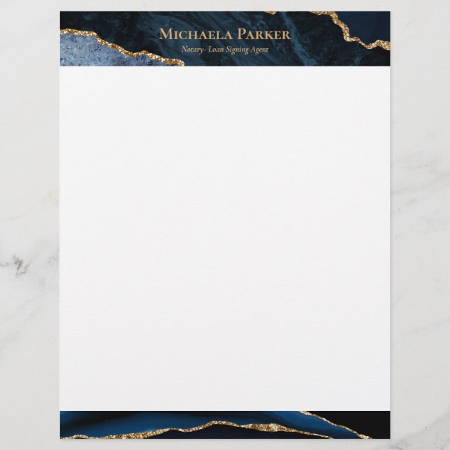 Elegant Navy Blue Gold Agate Business  Custom Letterhead (Front)