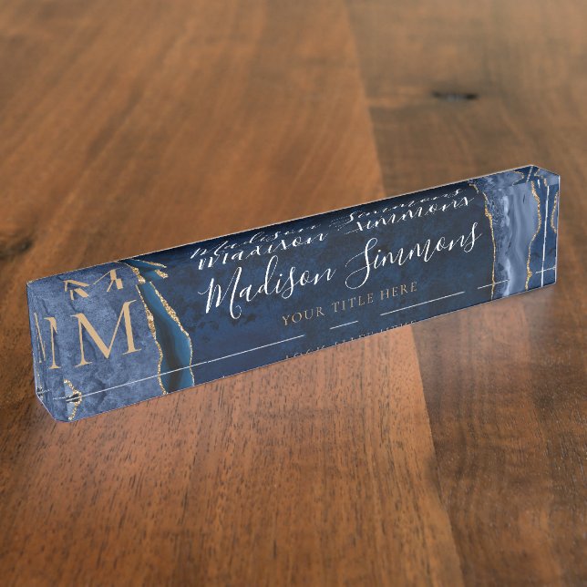 Elegant Navy Blue Gold Agate Geode Chic Monogram Nameplate (Side)