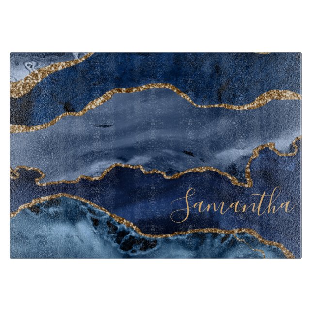 Elegant Navy Blue & Gold Agate Geode Cutting Board (Front)