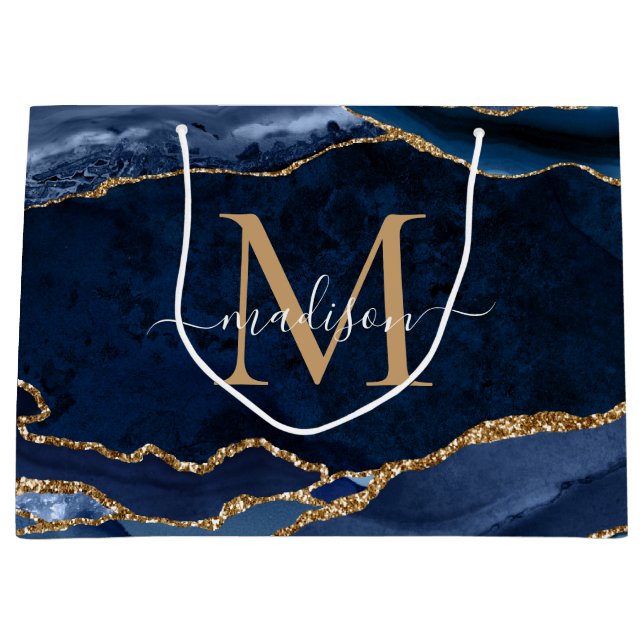 Elegant Navy Blue Gold Agate Geode Girly Monogram Large Gift Bag (Front)