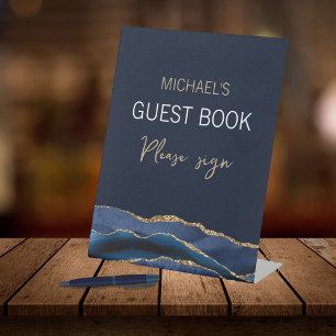 Elegant Navy Blue Gold Agate Men's Guestbook Pedes Pedestal Sign