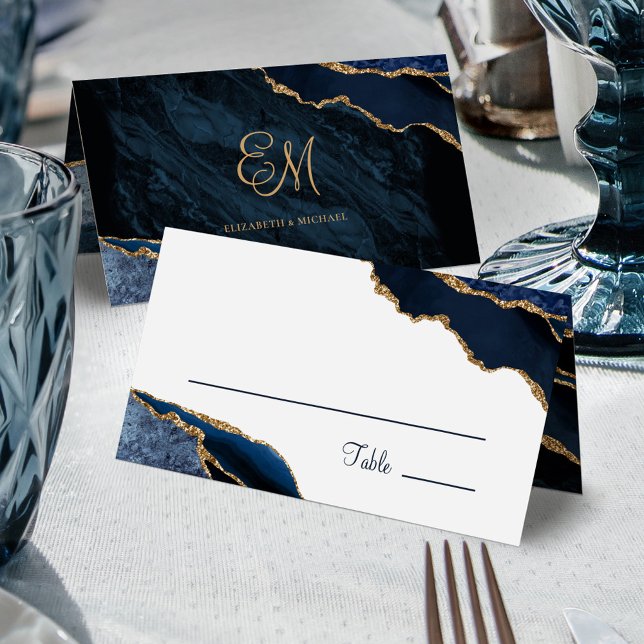Elegant Navy Blue Gold Agate Monogram Wedding Place Card (Creator Uploaded)
