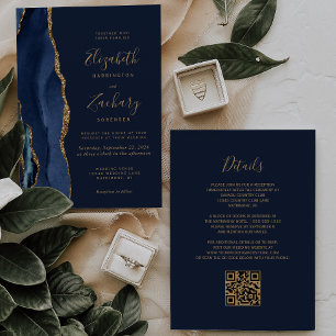 Elegant Navy Blue Gold Agate QR Code Wedding Invitation