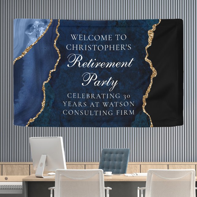 Elegant Navy Blue Gold Agate Retirement Party Banner (Creator Uploaded)