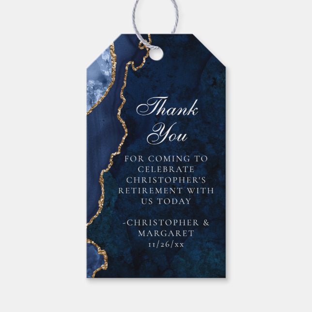 Elegant Navy Blue Gold Agate Retirement Party Gift Tags (Front)