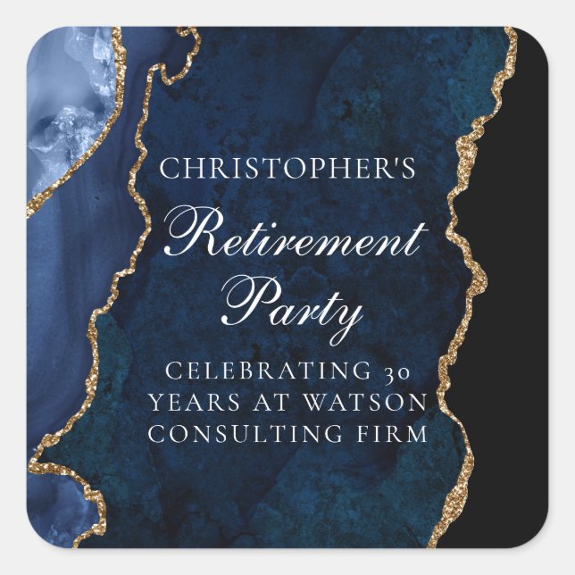 Elegant Navy Blue Gold Agate Retirement Party Square Sticker (Front)