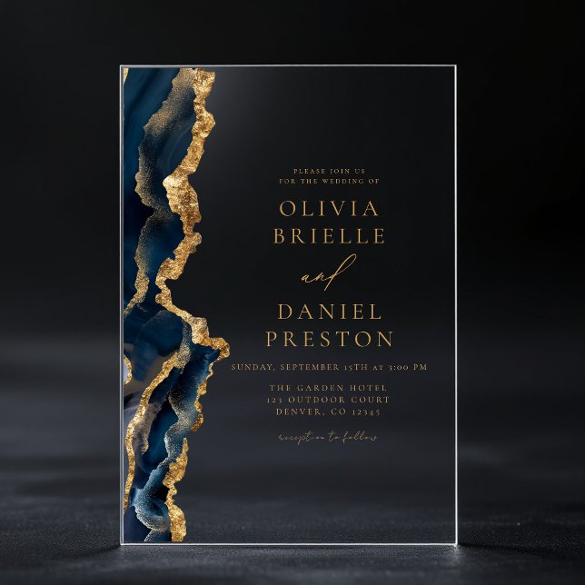 Elegant Navy Blue Gold Agate Wedding  Acrylic Invitations (Creator Uploaded)