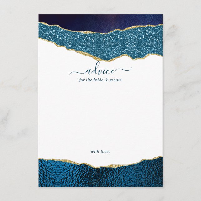 Elegant Navy Blue & Gold Agate Wedding Advice Card (Front)