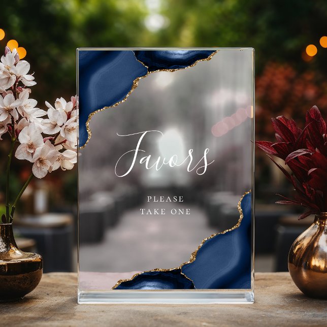 Elegant Navy Blue Gold Agate Wedding Favours Acrylic Sign (Creator Uploaded)