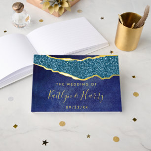 Elegant Navy Blue & Gold Agate Wedding Guest Book