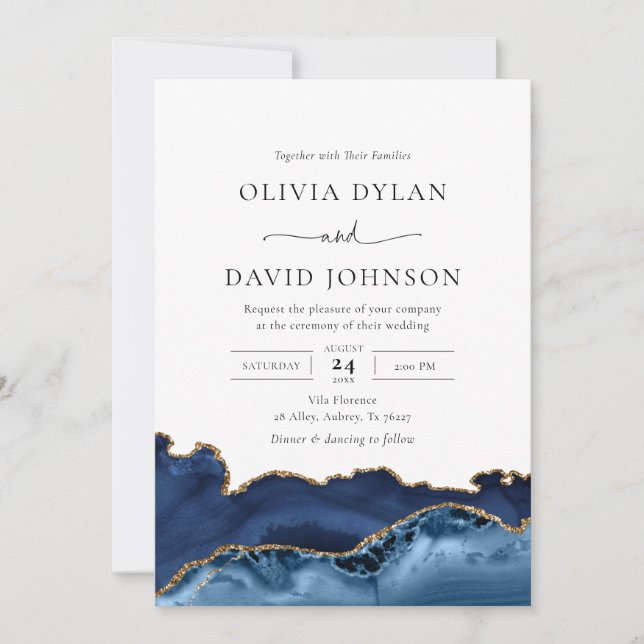 Elegant Navy Blue Gold Agate Wedding Invitation (Front)