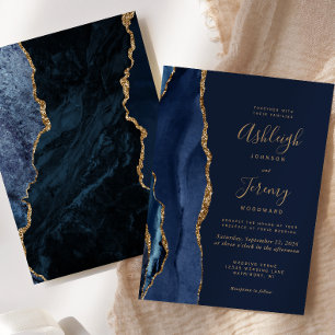 Elegant Navy Blue Gold Agate Wedding Invitation
